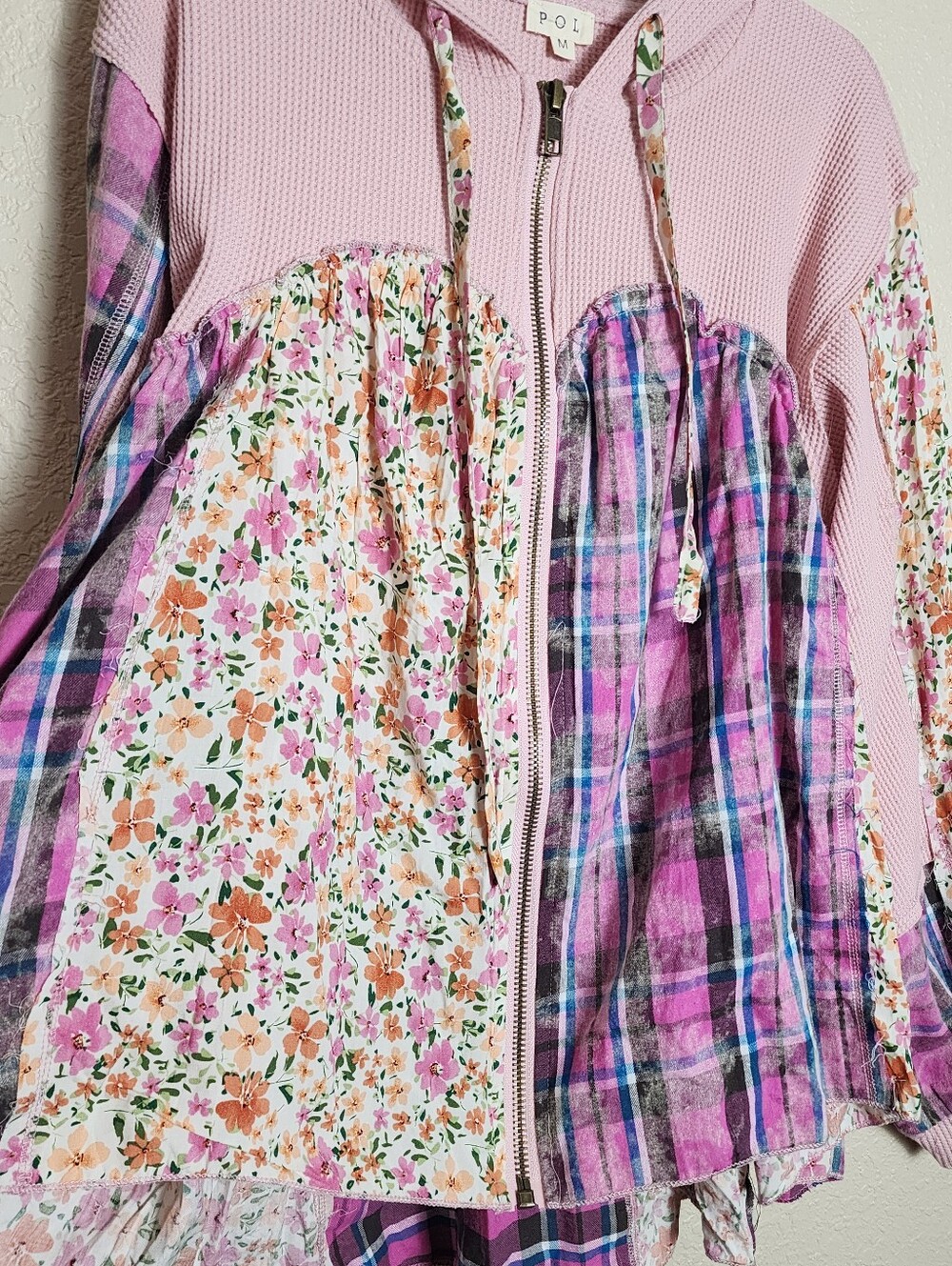 POL Pink Floral Plaid Patchwork Zip Hoodie Medium - Picture 6 of 9